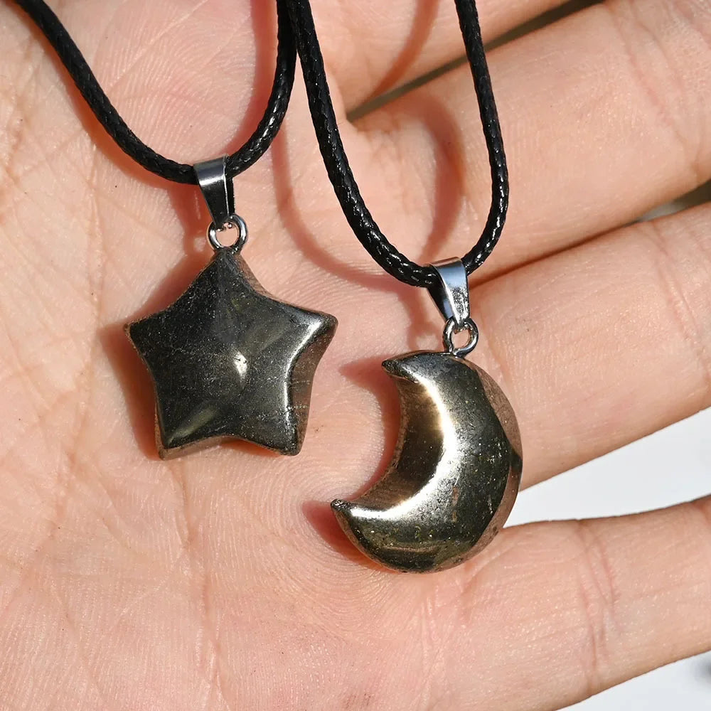 Collier Pyrite Naturelle Étoile ou Lune – Pendentif en Pierre Brillante sur Cordon Noir, Bijou Pierre Naturelle Femme et Homme, Idée Cadeau