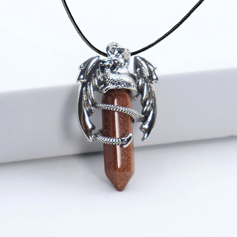 Collier Dragon et Pointe de Pierre Naturelle – Pendentif Vintage sur Cordon, 16 Pierres