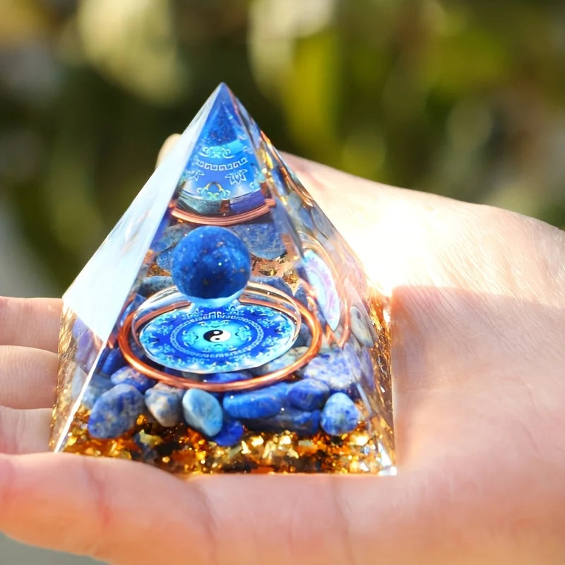 Pyramide d'Orgonite Lapis-Lazuli – Sphère et Symbole Yin Yang, Décoration de Chevet