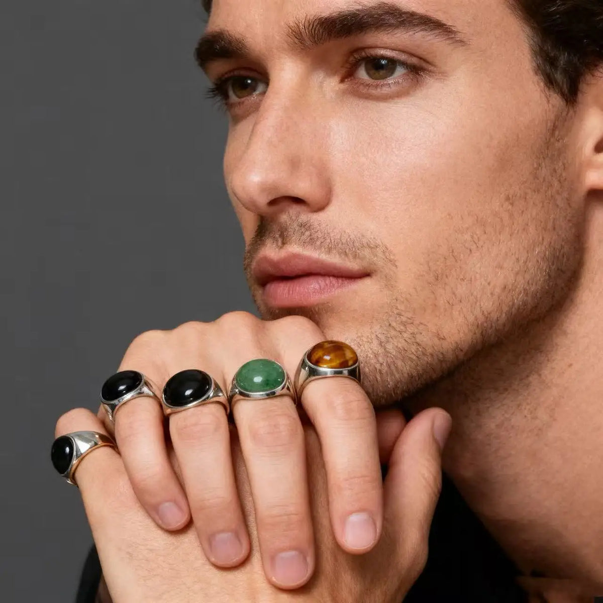 Chevalière Homme en Acier Inoxydable – Cabochon Onyx Noir, Œil de Tigre ou Aventurine, Argenté ou Doré