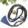 Mala 108 Perles Onyx Noir, Sodalite et Œil de Tigre 8 mm – Collier de Méditation à Pompon