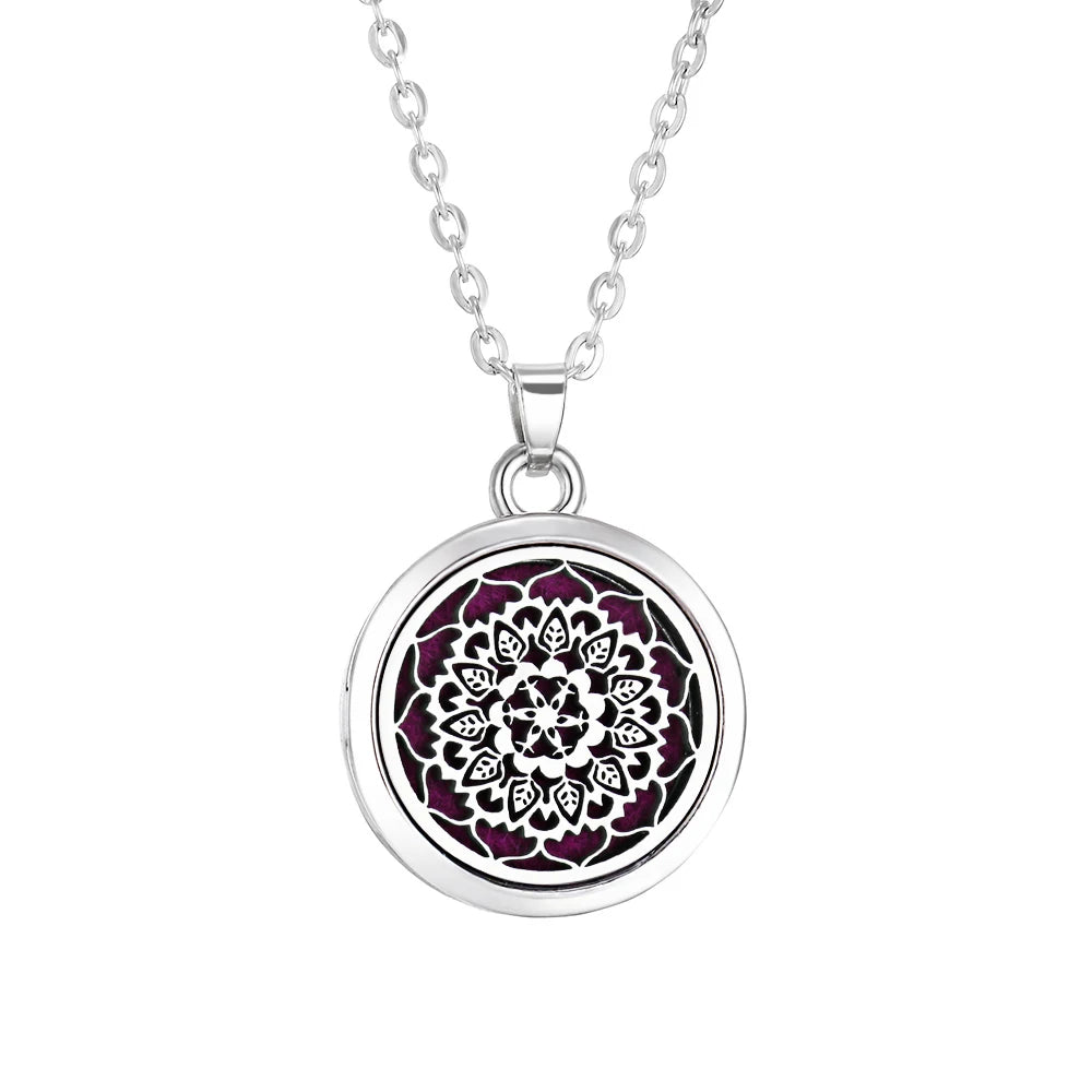 Collier Diffuseur d'Huiles Essentielles en Acier – Médaillon Arbre de Vie, Lotus, Fleur de Vie, 15 Motifs