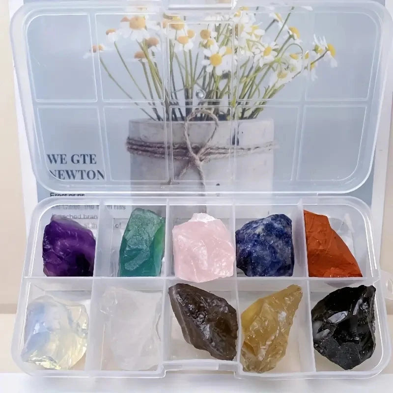 Coffret de 10 Pierres Brutes et Minéraux – Améthyste, Fluorite, Citrine, Quartz Rose… avec Boîte