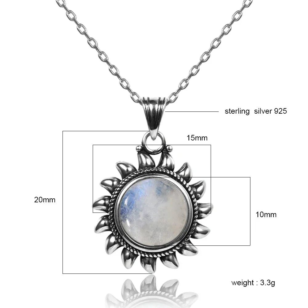 Collier Soleil Argent 925 – Lapis-Lazuli, Améthyste, Pierre de Lune ou Quartz Rose, Style Vintage