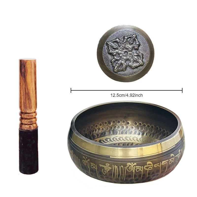 Bol Chantant Tibétain Gravé de Mantras – Fabriqué à la Main au Népal, de 8 à 20 cm, avec Maillet