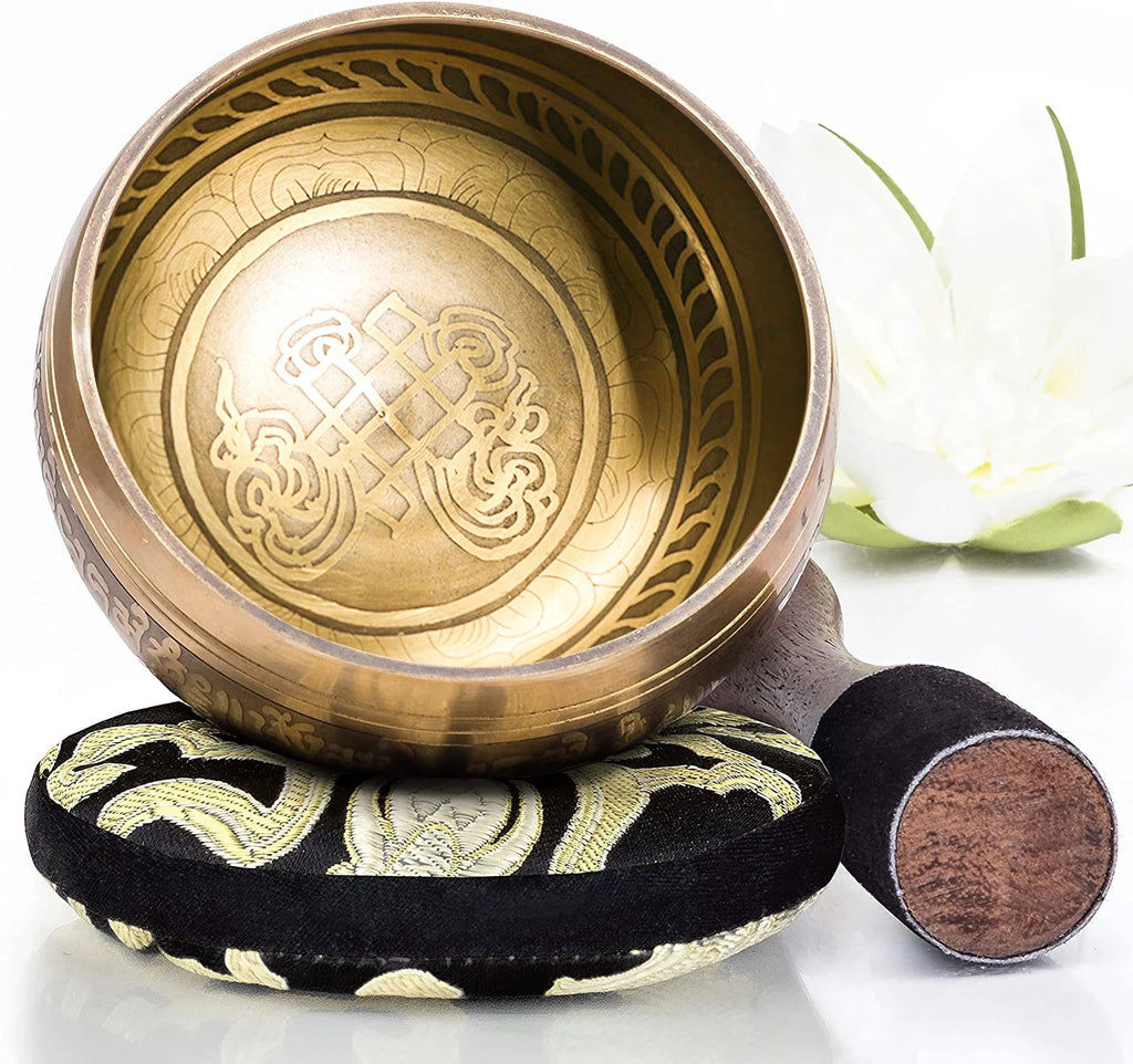 Coffret Bol Chantant Tibétain – Fleur de Vie, Œil Doré ou Motifs Porte-Bonheur, Coussin et Maillet