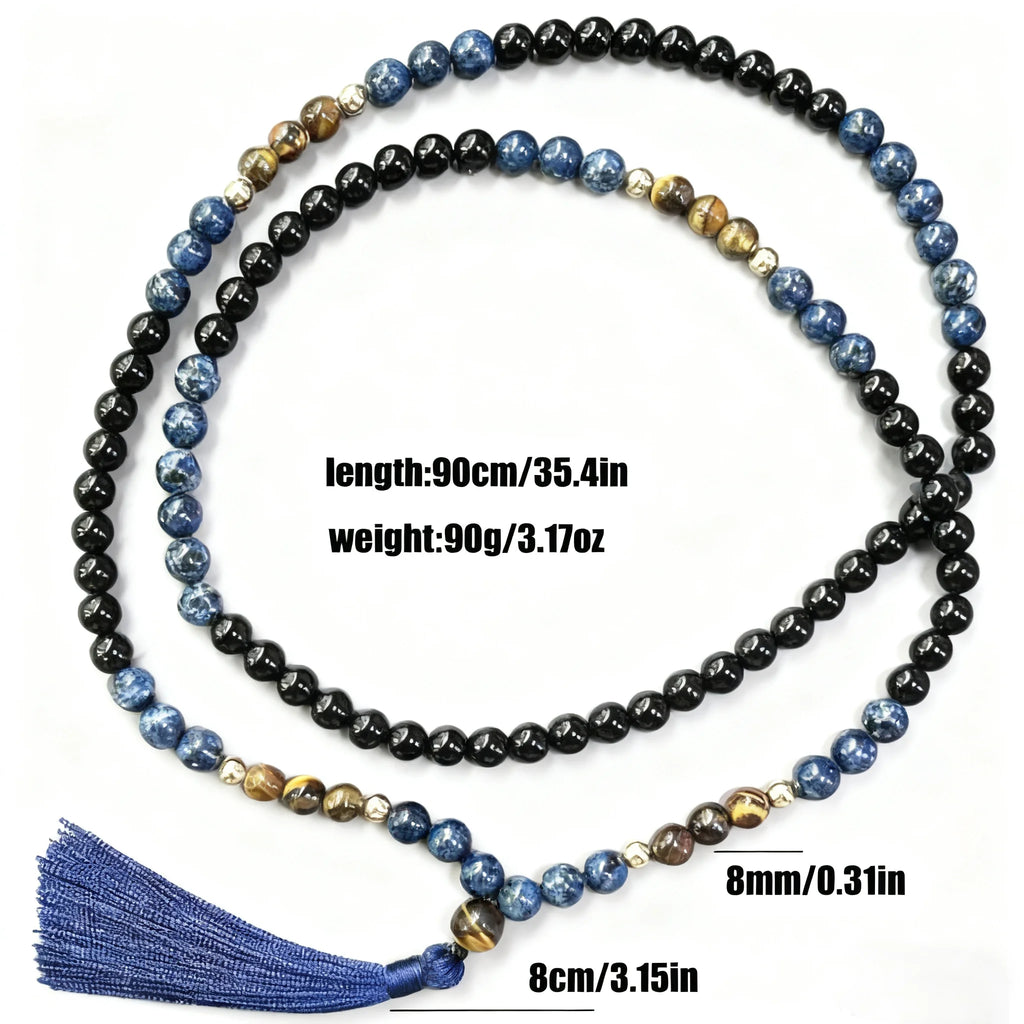 Mala 108 Perles Onyx Noir, Sodalite et Œil de Tigre 8 mm – Collier de Méditation à Pompon