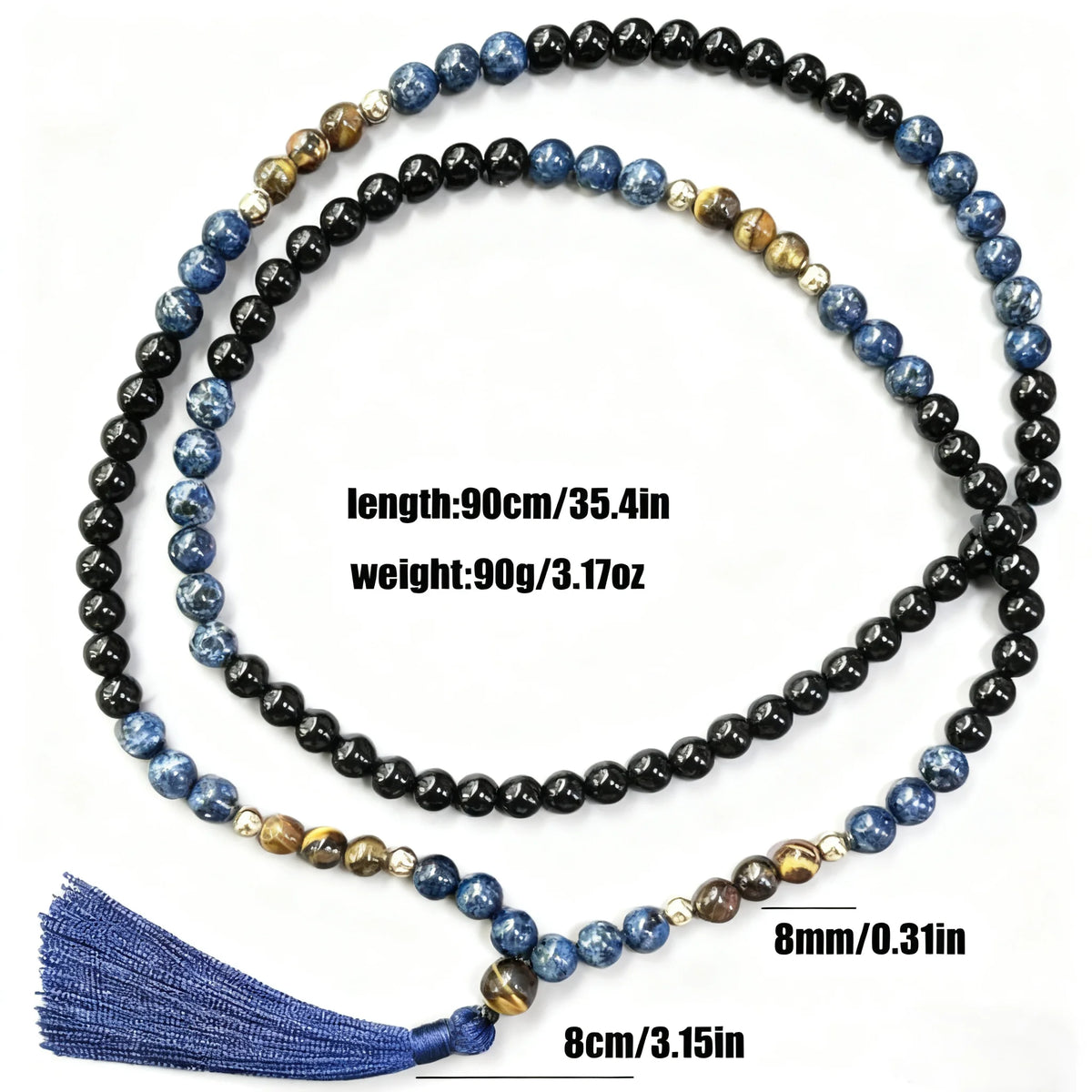 Mala 108 Perles Onyx Noir, Sodalite et Œil de Tigre 8 mm – Collier de Méditation à Pompon