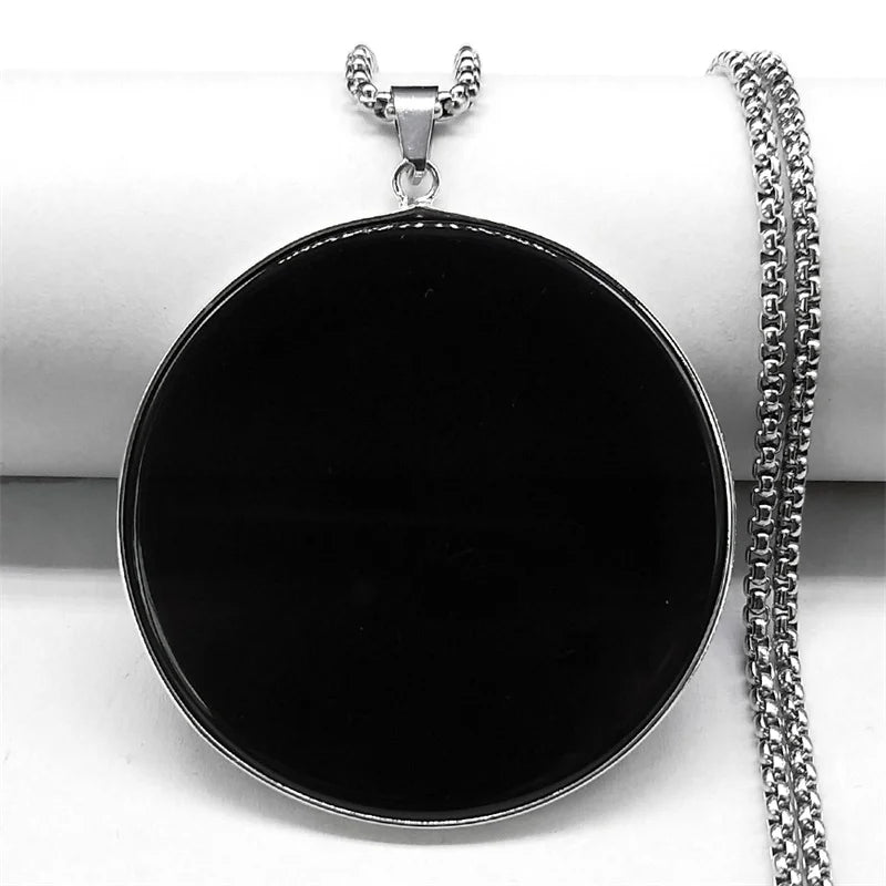 Collier Grand Médaillon en Obsidienne Noire – Chaîne Acier 60 cm, Argenté ou Doré, Unisexe