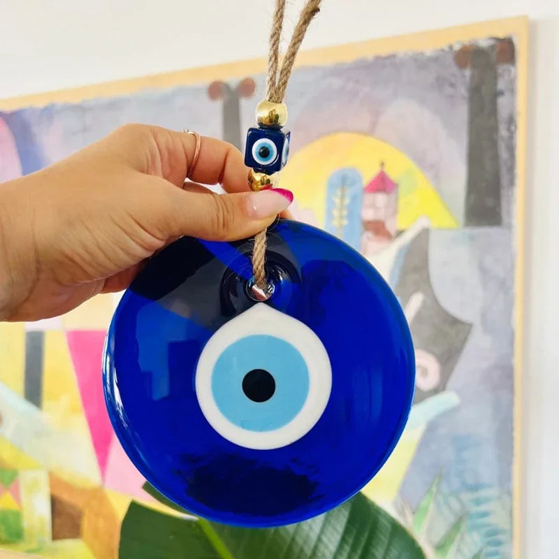 Œil Turc en Verre à Suspendre – Grand Nazar Bleu avec Cordon, Porte-Bonheur Mural