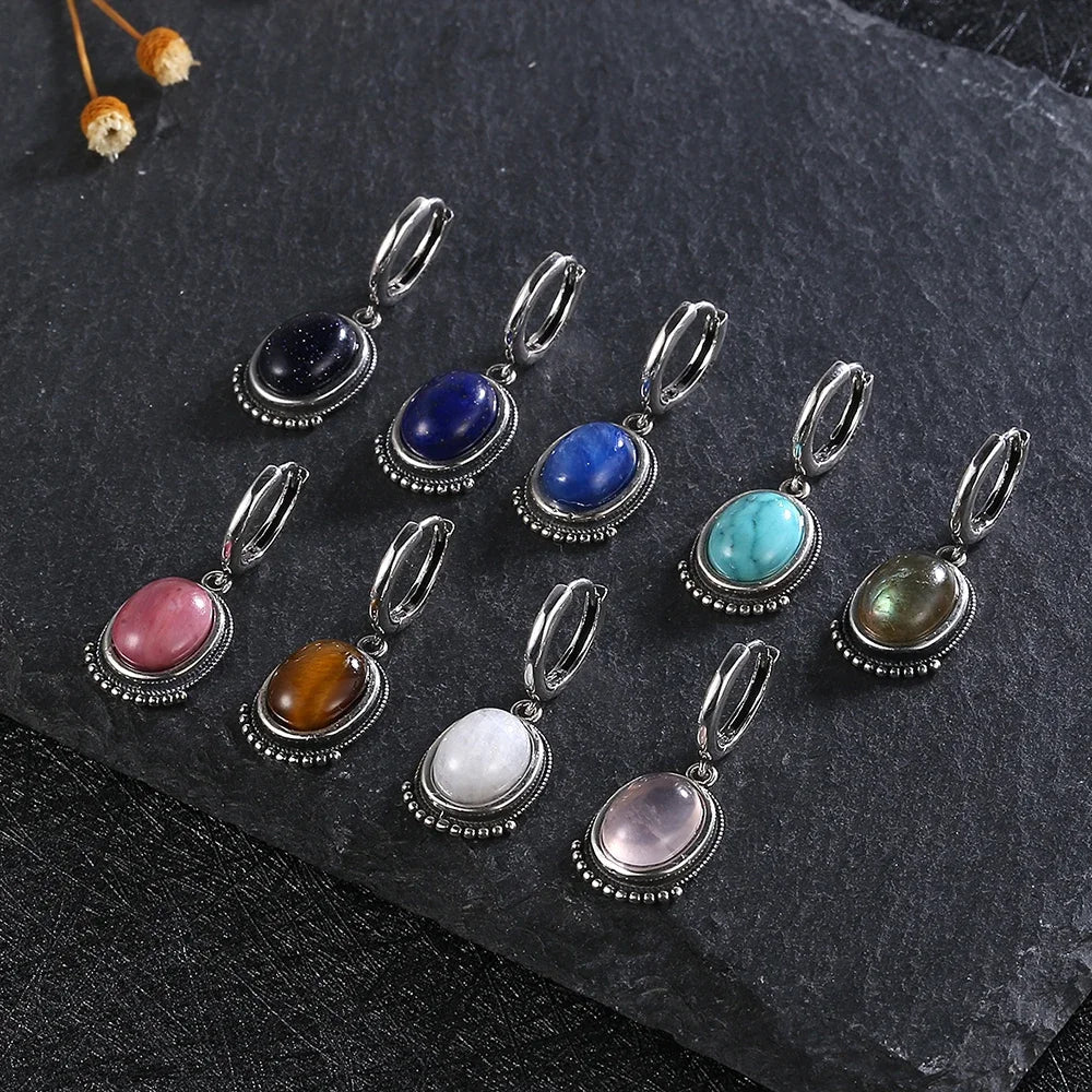 Boucles d'Oreilles Créoles Vintage à Cabochon Ovale – Pierre de Lune, Labradorite, Améthyste… Plaqué Argent