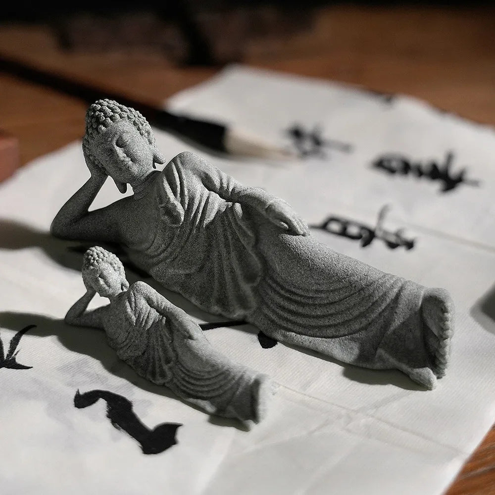 Statue Bouddha Couché en Pierre Reconstituée – Décoration Zen Intérieur, Bonsaï ou Jardin