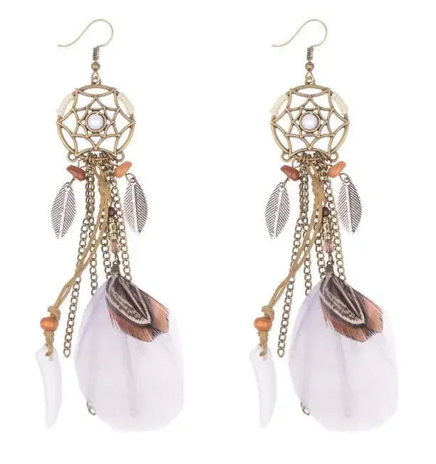 Boucles d'Oreilles Attrape-Rêves Longues – Plumes, Chaînettes et Perles, Style Bohème