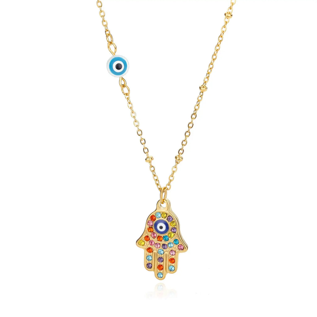 Collier Main de Fatma et Œil Turc en Acier Inoxydable – Pendentif Coloré, Doré ou Argenté, 45 cm