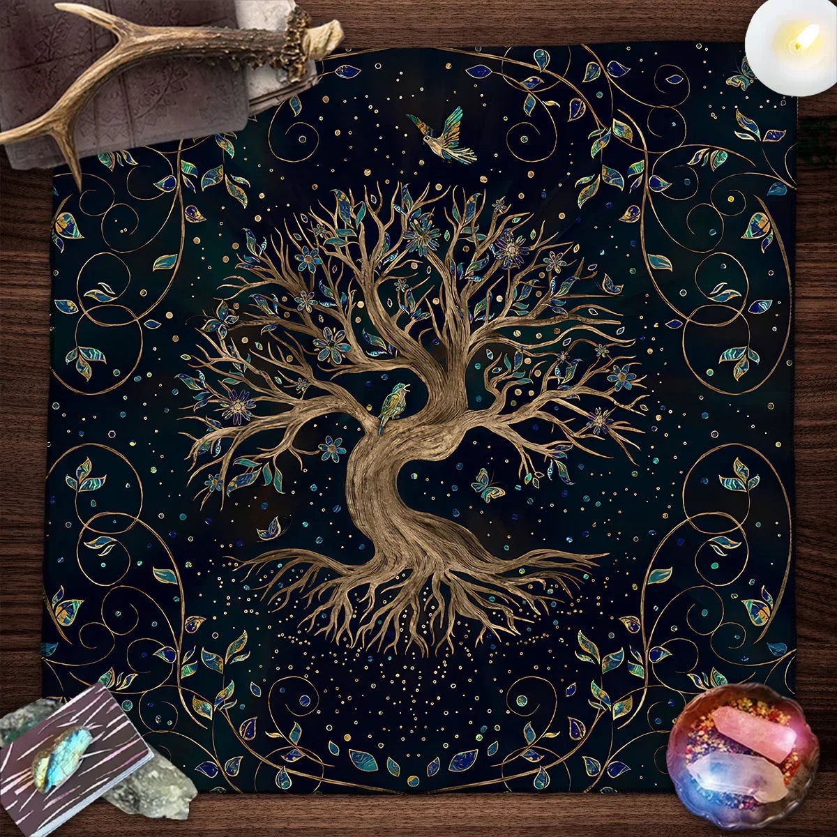 Nappe de Tarot Arbre de Vie en Velours – 15 Motifs : Arbre Doré, Phases de Lune, 50 ou 75 cm