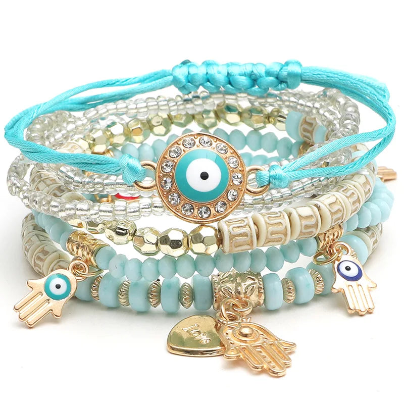Lot de 6 Bracelets Bohème Œil Turc et Main de Fatma – Perles, Cordons et Breloques, 8 Coloris