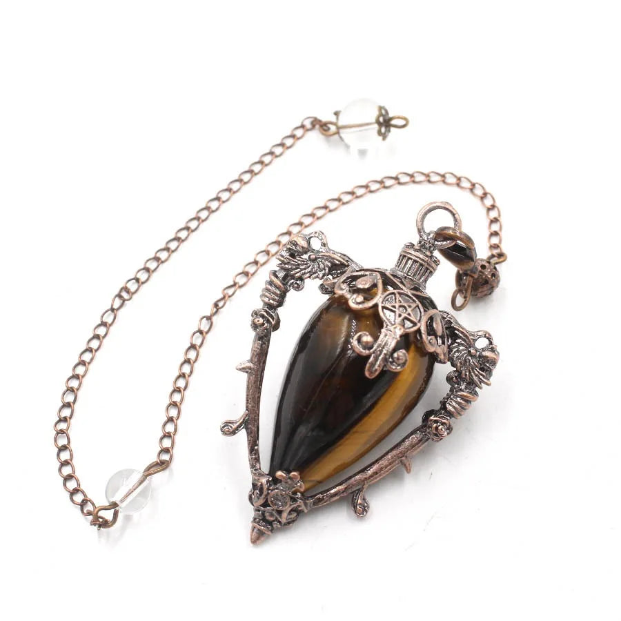 Grand Pendule Vintage en Pierre Naturelle – Cœur Serti Monture Cuivrée, Obsidienne, Améthyste, Labradorite…