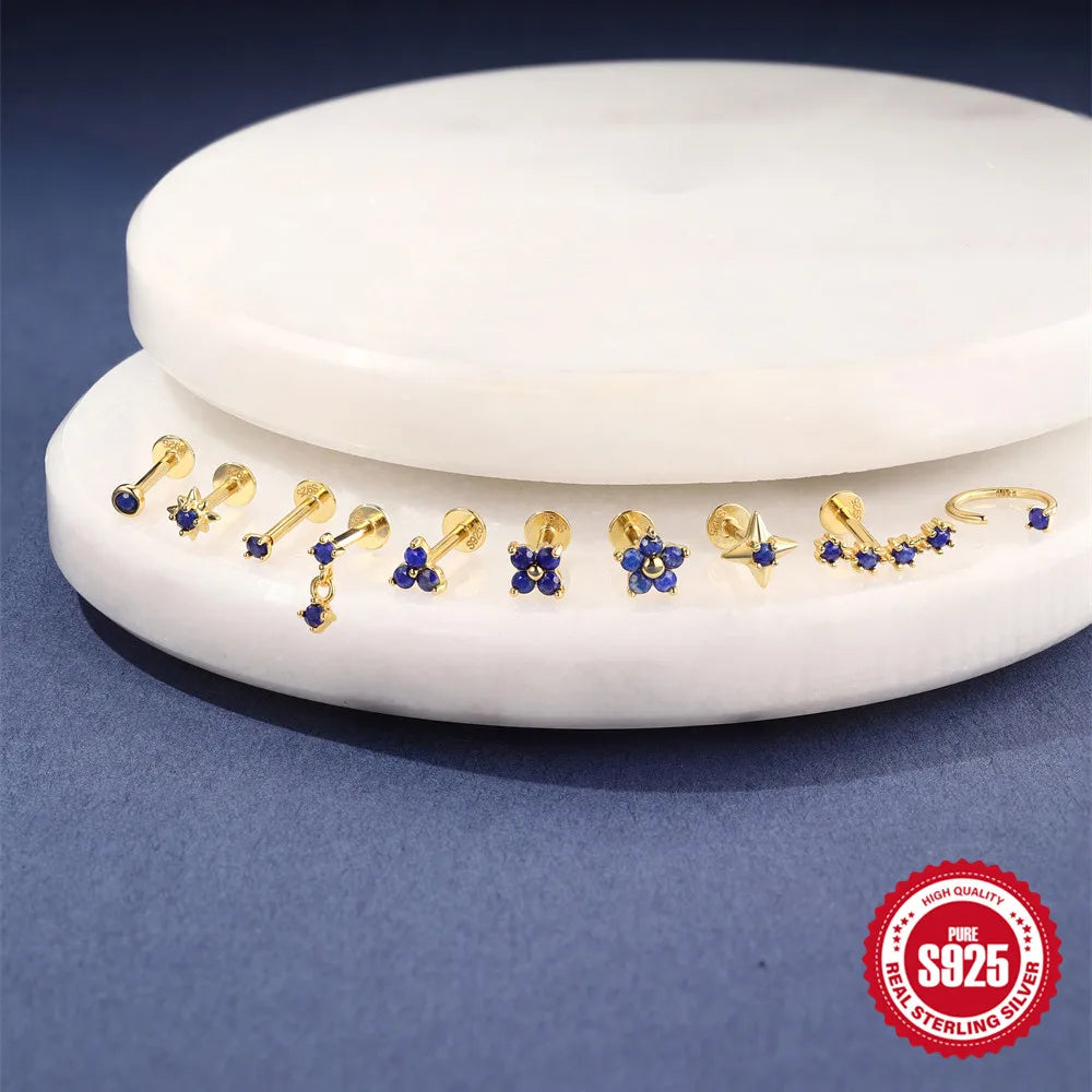 Piercing en Argent 925 et Lapis-Lazuli – Clou Plat Étoile, Fleur, Papillon, 16 Modèles Doré ou Argenté