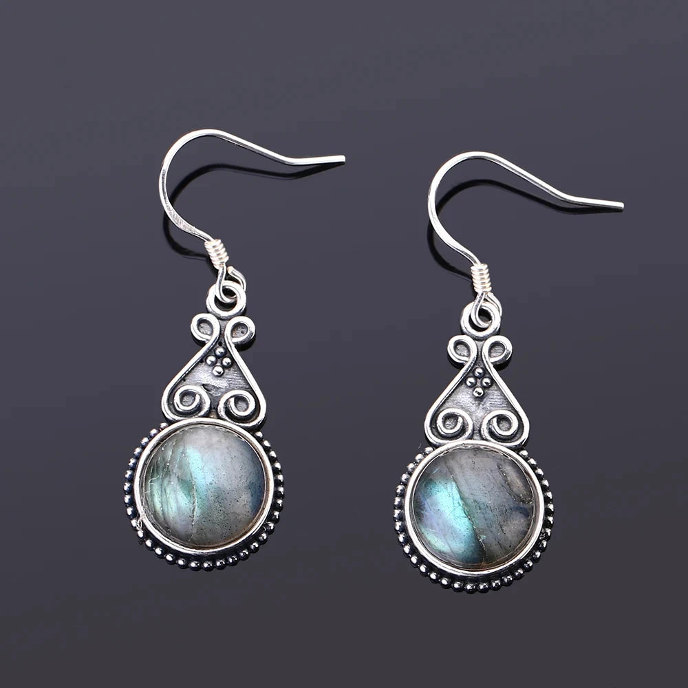 Boucles d'Oreilles Pendantes Vintage Pierre Ronde 10 mm – Labradorite, Lapis, Œil de Tigre, Rhodochrosite