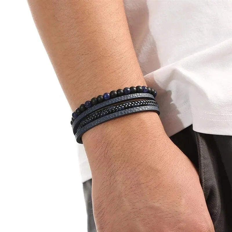 Bracelet Homme Cuir Multirangs et Perles d'Œil de Tigre – Fermoir Magnétique, 20 cm