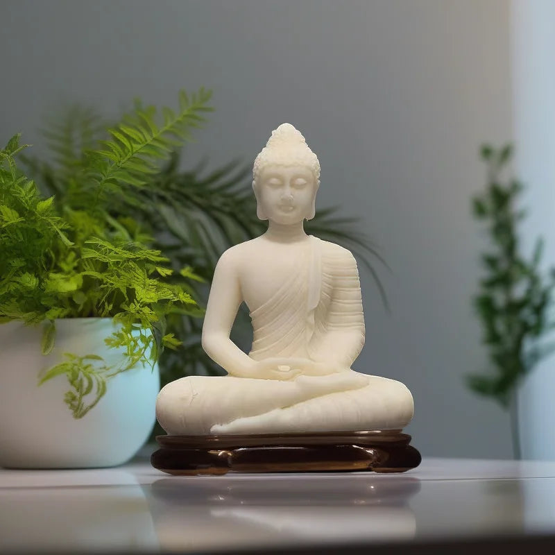 Statue Bouddha Shakyamuni en Méditation – Résine Blanche Façon Porcelaine, 6,5 cm