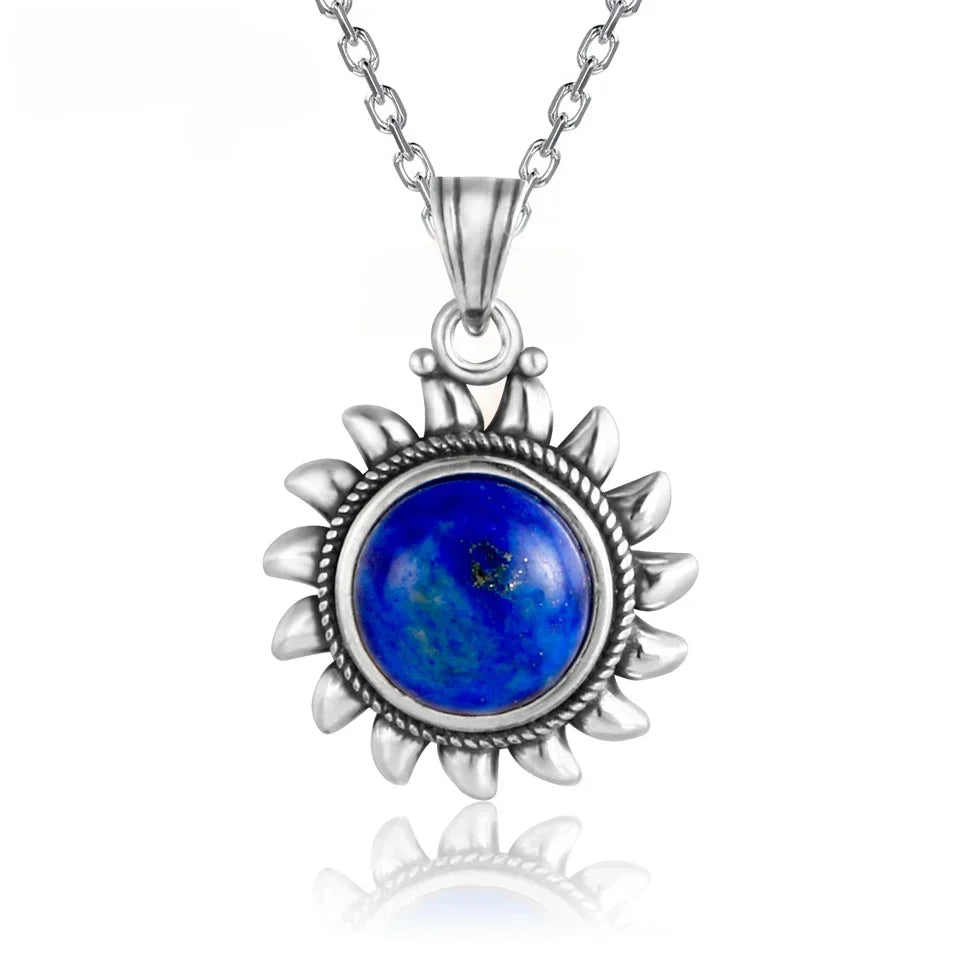 Collier Soleil Argent 925 – Lapis-Lazuli, Améthyste, Pierre de Lune ou Quartz Rose, Style Vintage