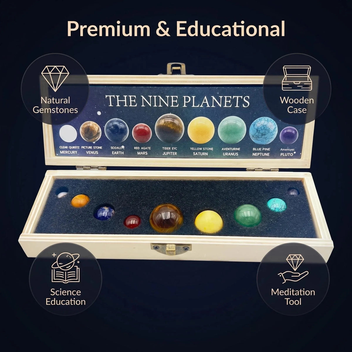 Coffret Système Solaire – 9 Sphères en Pierres Naturelles dans un Coffret en Bois