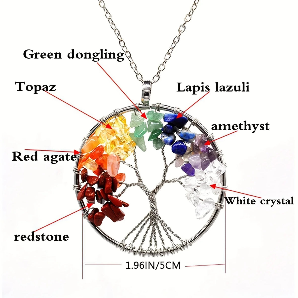 Collier Arbre de Vie 7 Chakras – Pendentif en Pierres Naturelles Serties au Fil, avec Chaîne