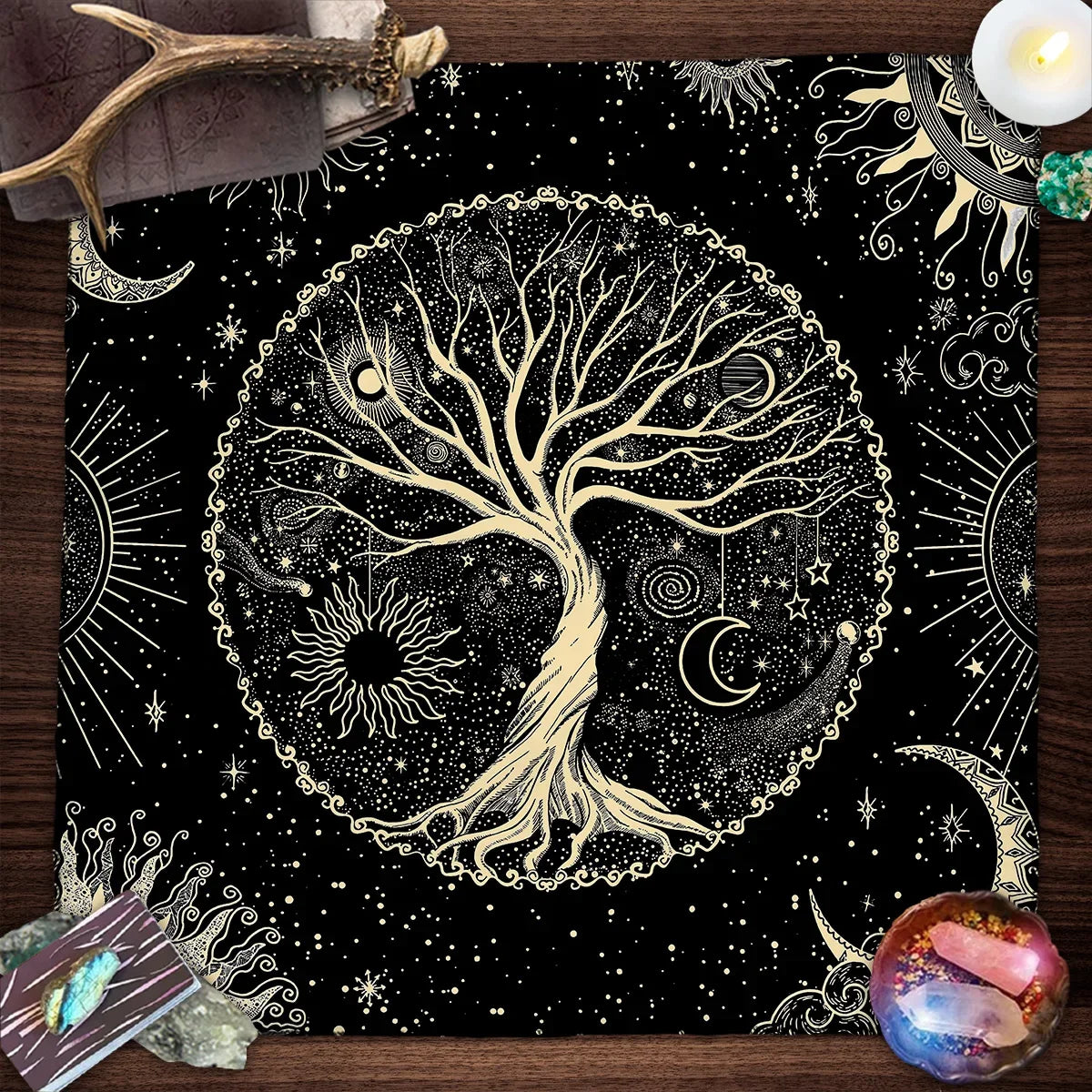 Nappe de Tarot Arbre de Vie en Velours – 15 Motifs : Arbre Doré, Phases de Lune, 50 ou 75 cm