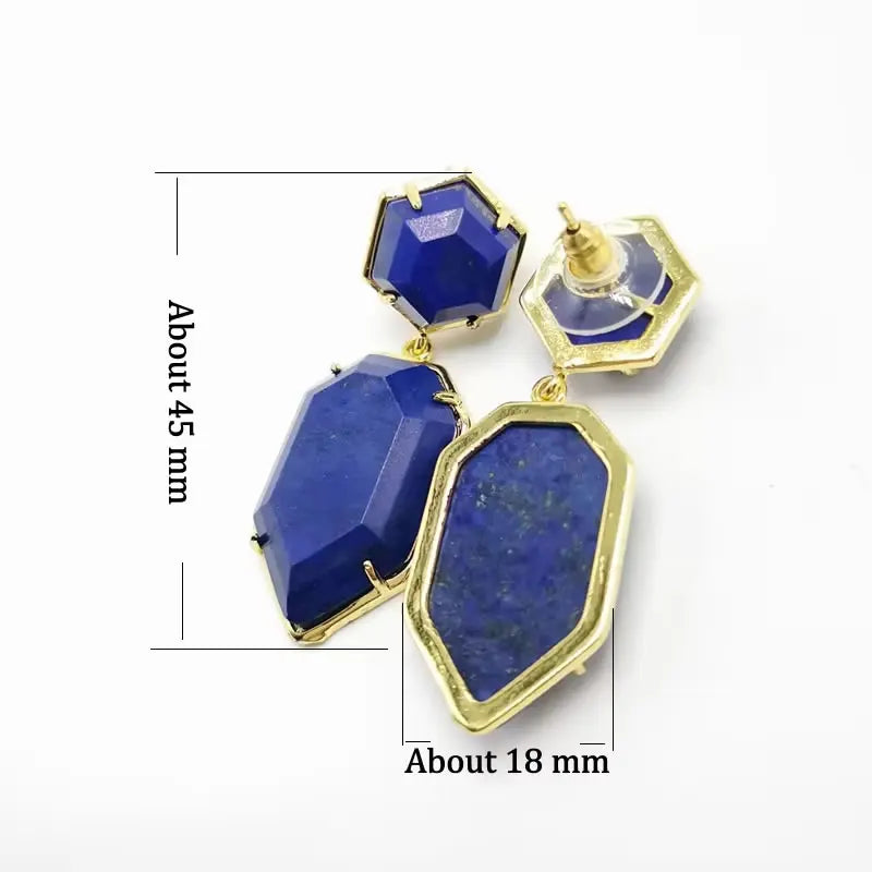 Boucles d'Oreilles Hexagonales en Pierre Naturelle Facettée 45 mm – Monture Dorée, 7 Pierres