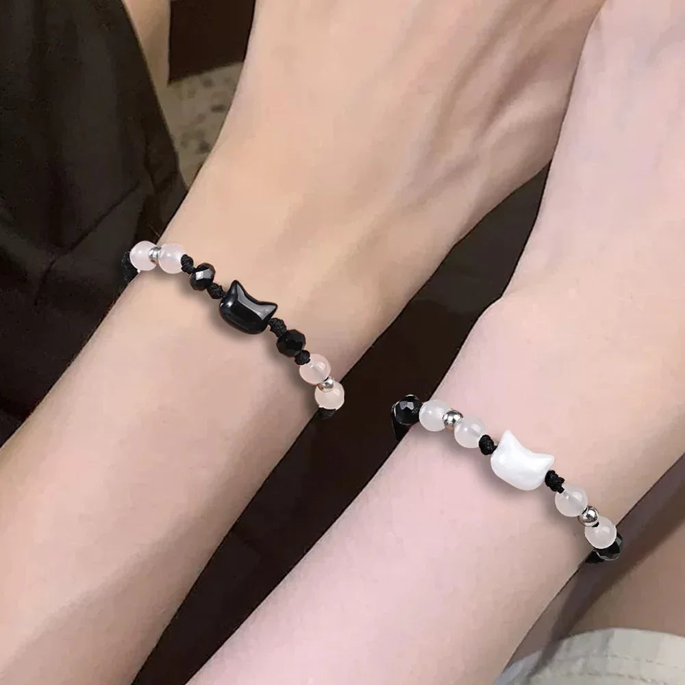 Bracelets Chat Pierre de Lune et Obsidienne – Cordon Tressé Réglable, à l'Unité ou en Duo