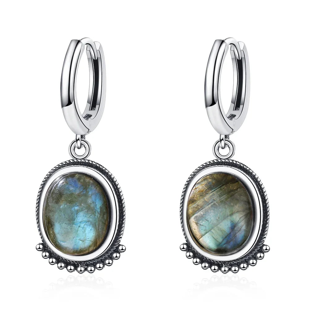 Boucles d'Oreilles Créoles Vintage à Cabochon Ovale – Pierre de Lune, Labradorite, Améthyste… Plaqué Argent