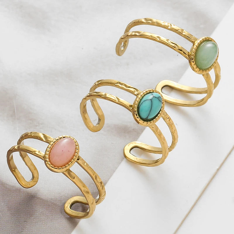 Bague Pierre Naturelle Ajustable – Acier Inoxydable, Style Vintage, 5 Pierres au Choix