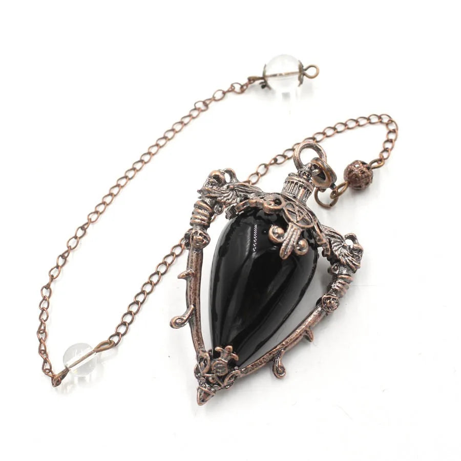 Grand Pendule Vintage en Pierre Naturelle – Cœur Serti Monture Cuivrée, Obsidienne, Améthyste, Labradorite…