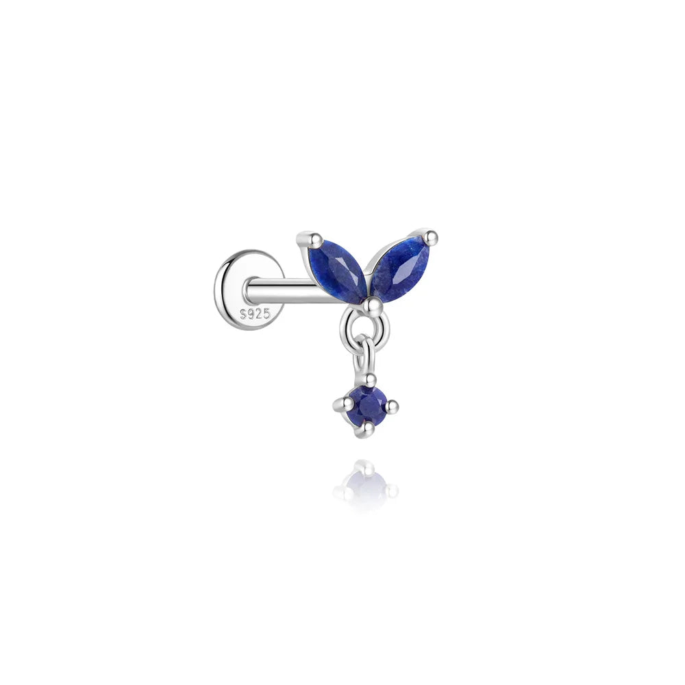 Piercing en Argent 925 et Lapis-Lazuli – Clou Plat Étoile, Fleur, Papillon, 16 Modèles Doré ou Argenté