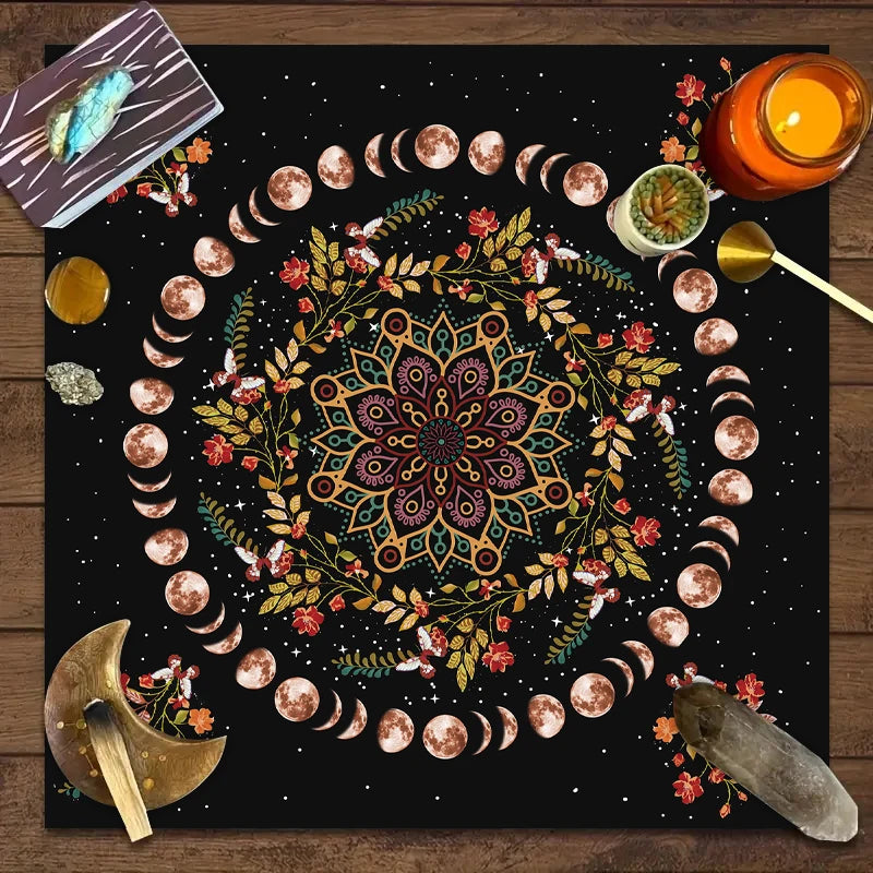Nappe de Tarot en Velours – Lune, Chat Noir, Soleil et Lotus, Géométrie Sacrée, 7 Motifs, 2 Tailles