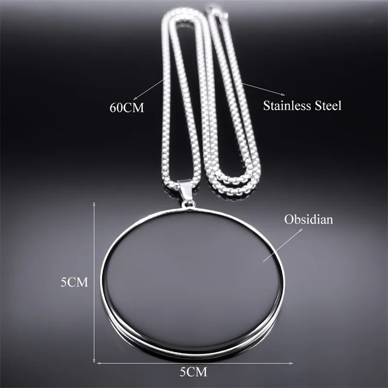 Collier Grand Médaillon en Obsidienne Noire – Chaîne Acier 60 cm, Argenté ou Doré, Unisexe