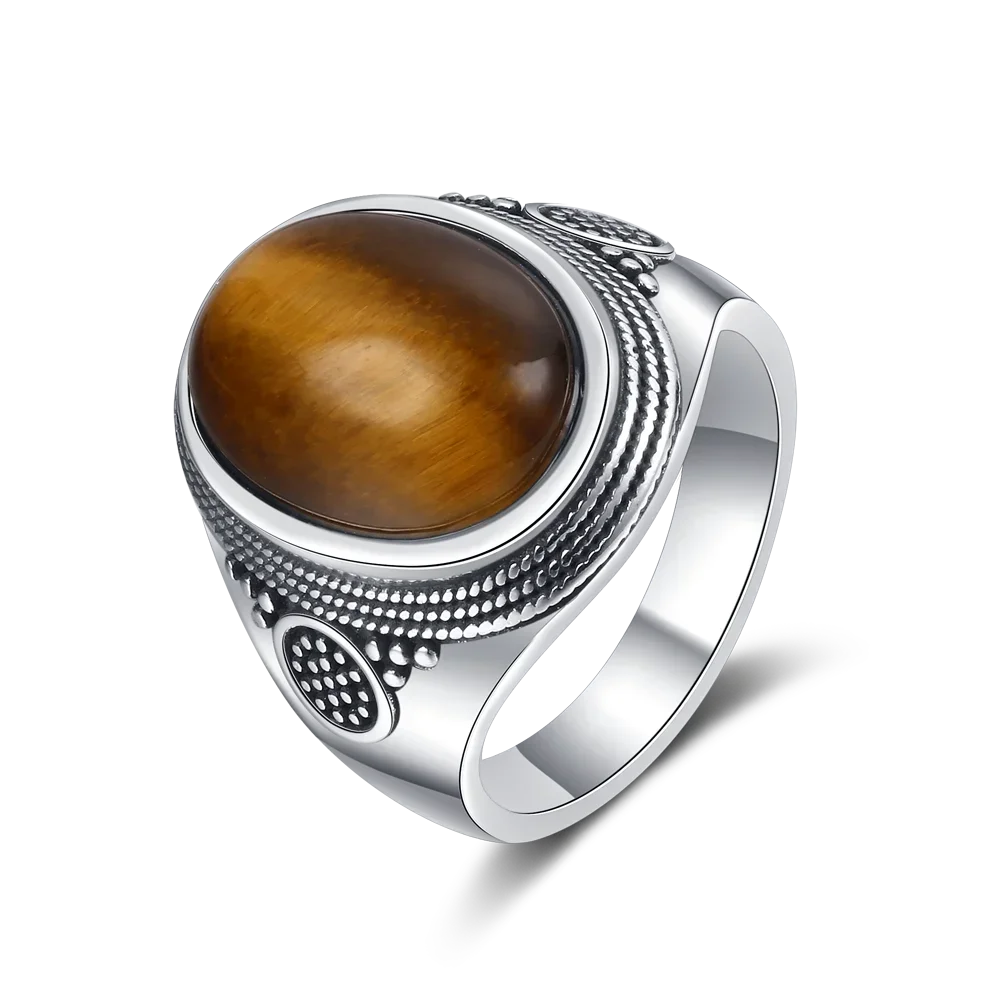 Bague Cabochon Ovale 10 x 14 mm – Monture Argentée Ciselée Unisexe, Œil de Tigre, Labradorite, Lapis…