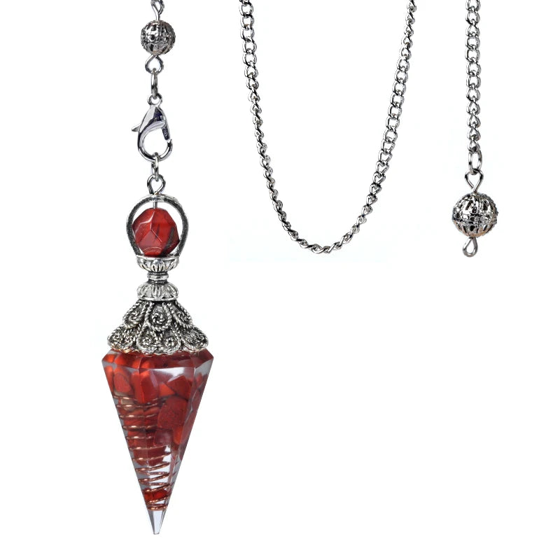Pendule Cône en Orgonite aux Éclats de Pierres Naturelles – Monture Argent Vieilli, 10 Modèles