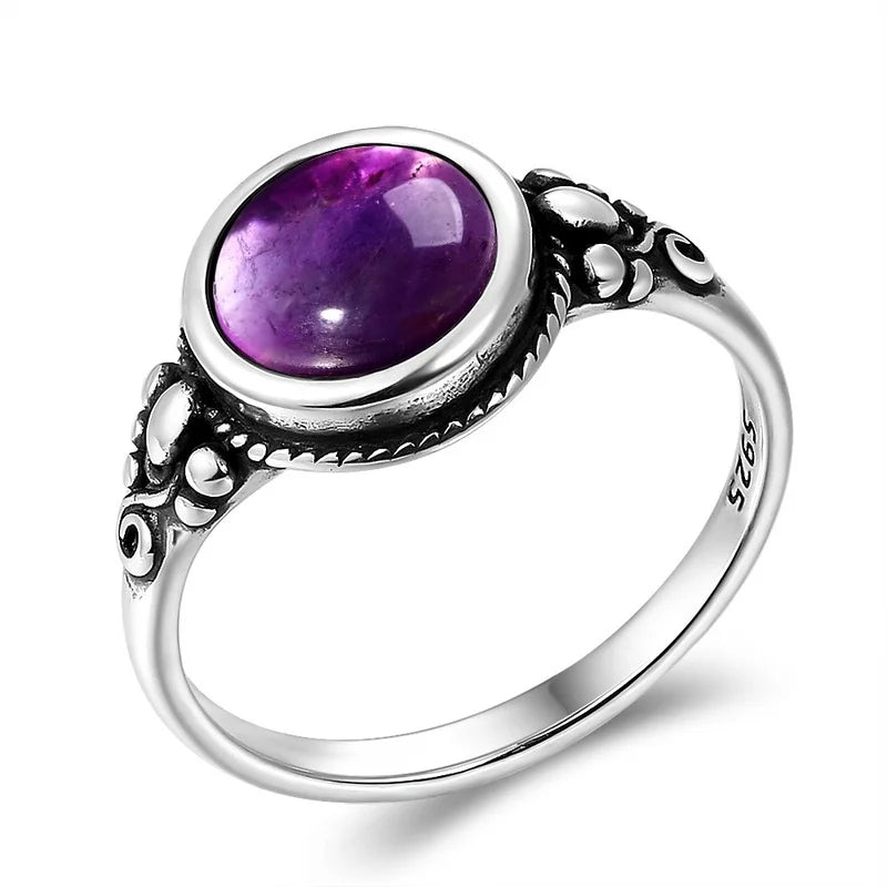 Bague Fine Ronde 8 mm en Pierre Naturelle – Monture Argentée Perlée, Labradorite, Pierre de Lune…