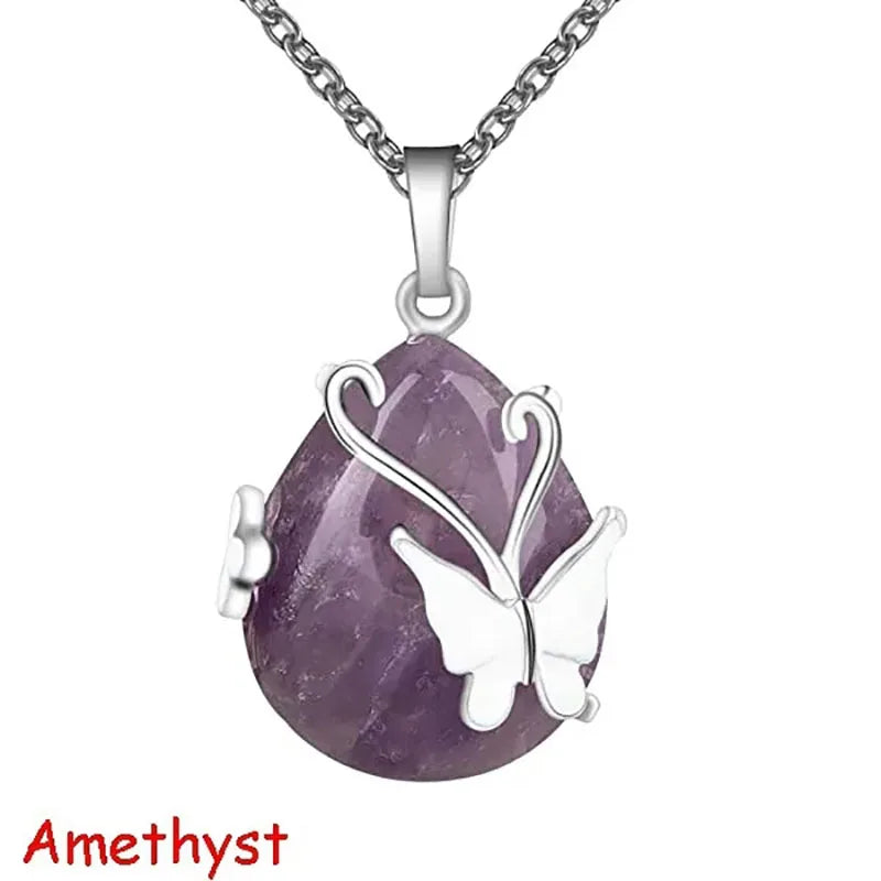 Collier Pendentif Goutte de Pierre et Papillon – Améthyste, Quartz Rose, Œil de Tigre ou Aventurine
