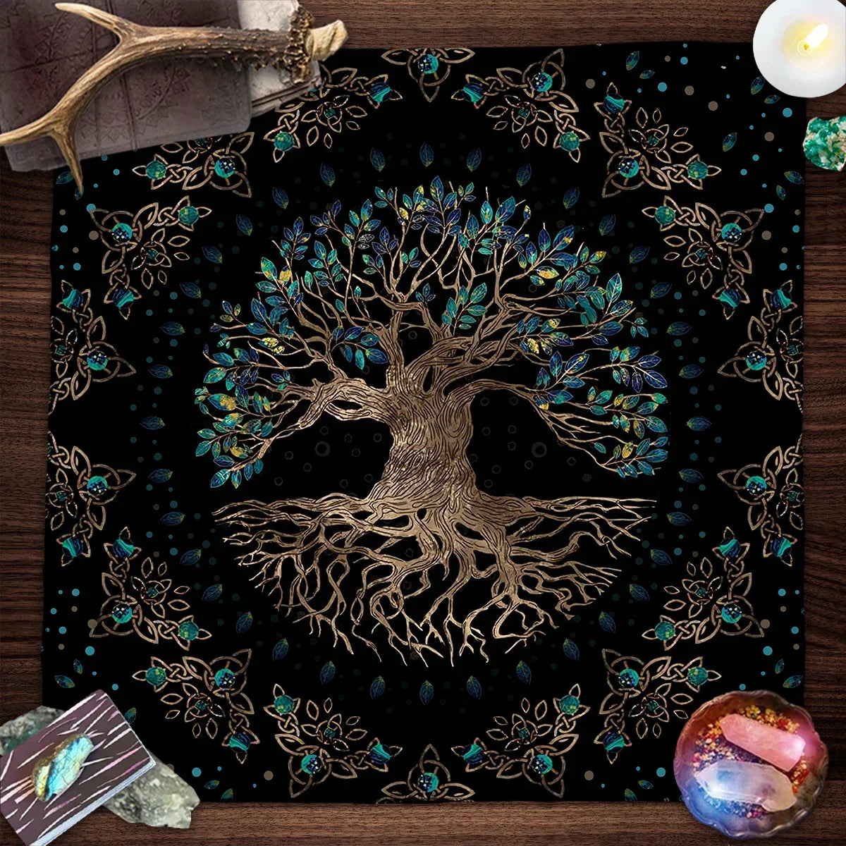 Nappe de Tarot Arbre de Vie en Velours – 15 Motifs : Arbre Doré, Phases de Lune, 50 ou 75 cm