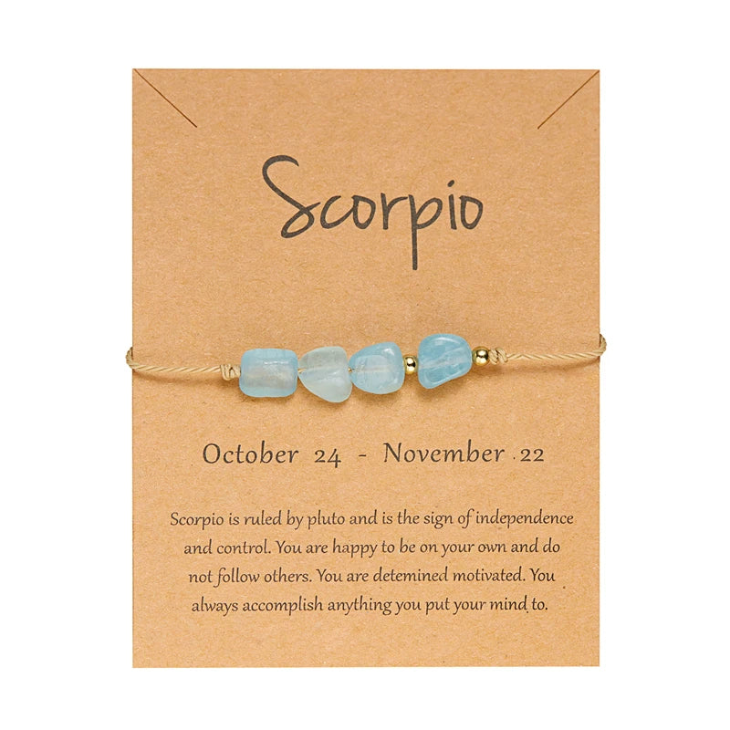 Bracelet Signe du Zodiaque en Pierres Naturelles – Cordon Réglable sur Carte Astro, 12 Signes