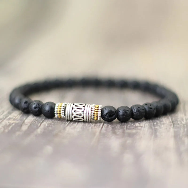 Bracelet Minimaliste 6 mm – Onyx, Œil de Tigre ou Pierre de Lave, Perle Sanskrit, Unisexe