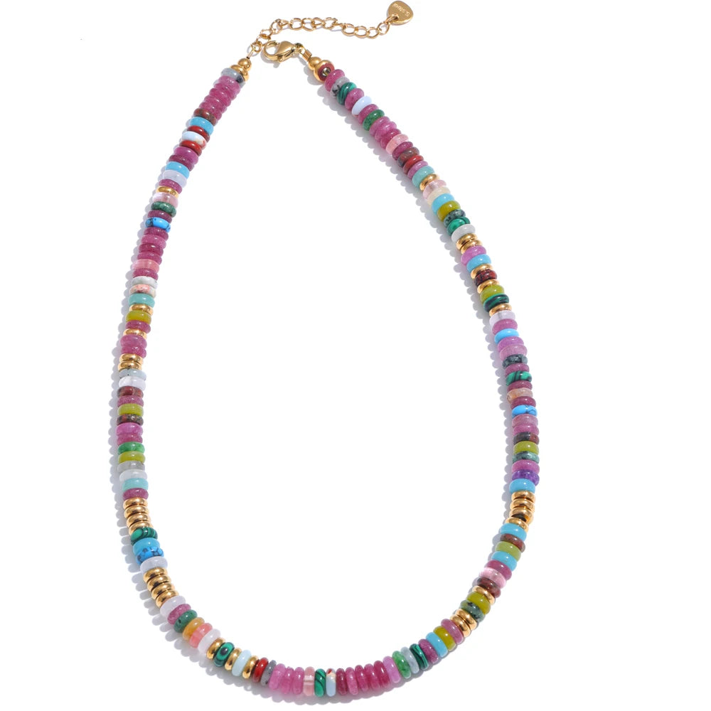Collier Perles Heishi en Pierre Naturelle et Acier Doré – Ras du Cou Bohème, 10 Pierres au Choix