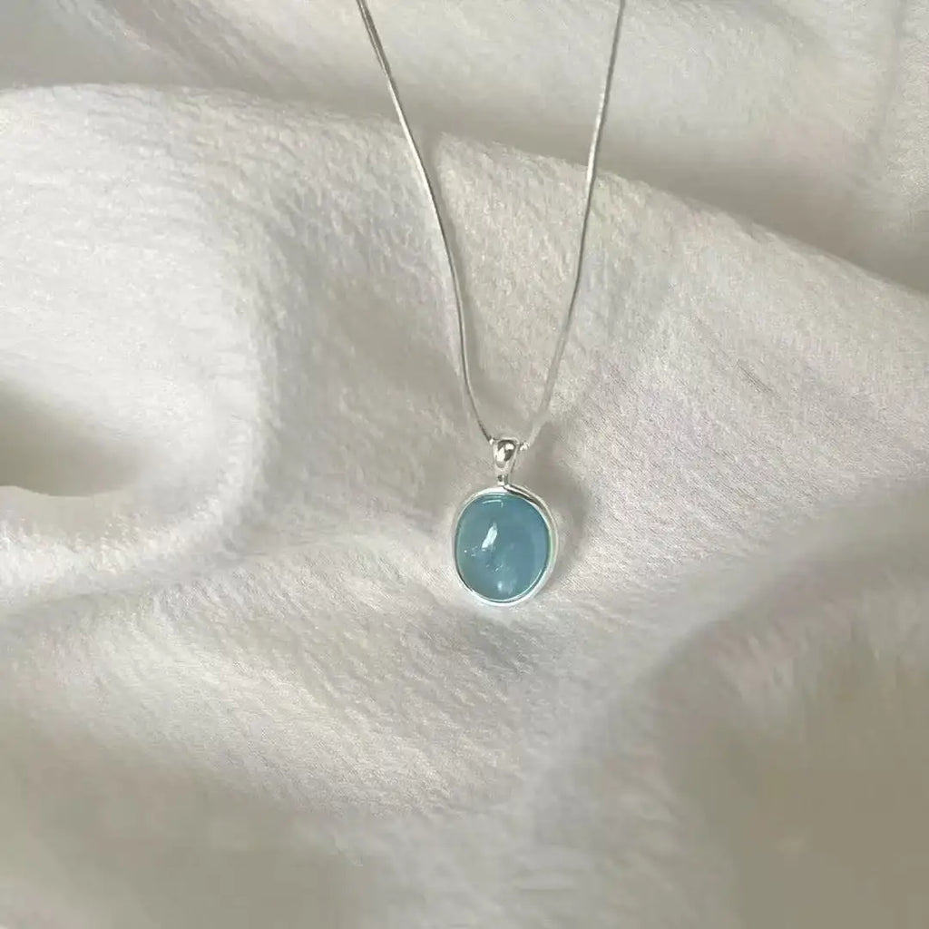 Collier Argent 925 Pendentif Aigue-Marine Ovale – Chaîne Serpent, Minimaliste