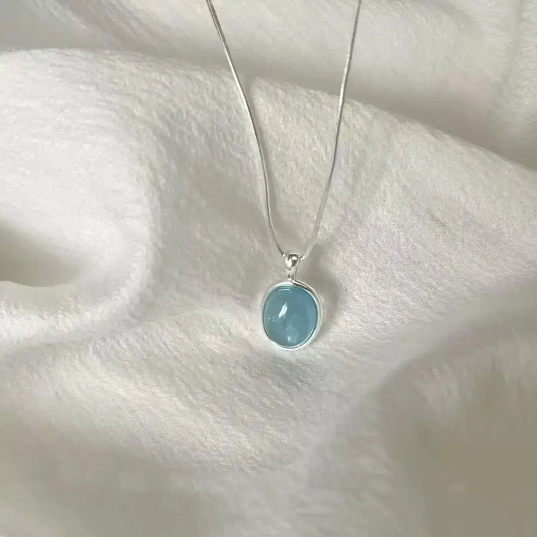 Collier Argent 925 Pendentif Aigue-Marine Ovale – Chaîne Serpent, Minimaliste