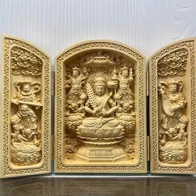 Triptyque Bouddhiste en Bois Sculpté – Autel Portable Pliant à 3 Volets, 11 Modèles