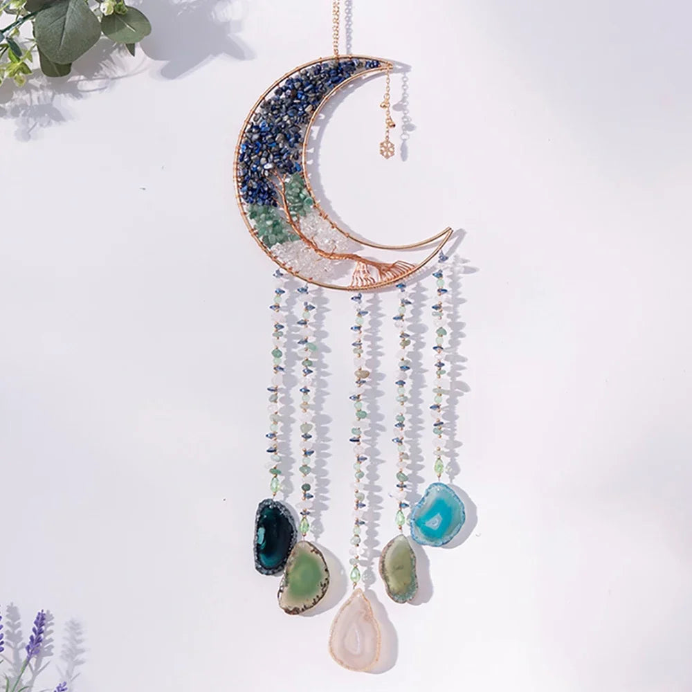 Attrape-Rêves en Pierres Naturelles et Tranches d'Agate – Lune ou Arbre de Vie, 29 Modèles, Décoration Murale
