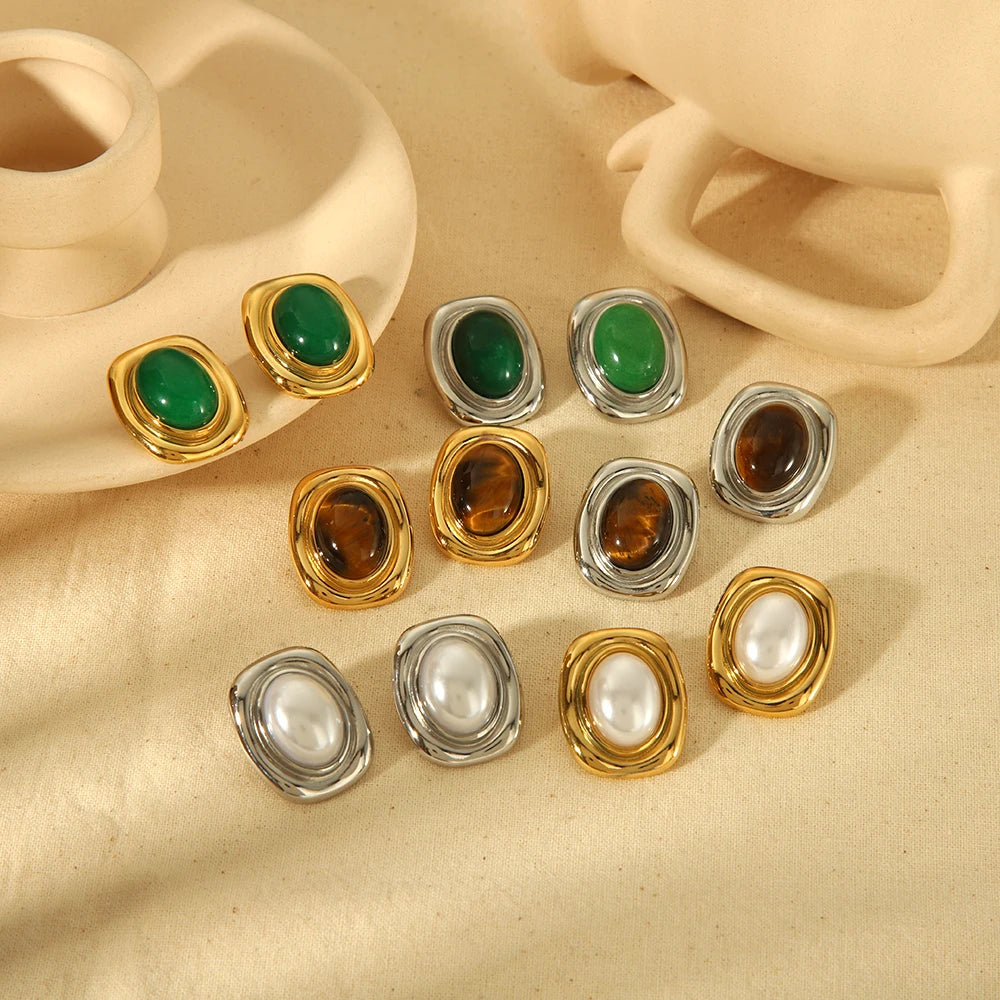 Boucles d'Oreilles Puces Œil de Tigre en Acier Inoxydable – Monture Torsadée, Doré ou Argenté